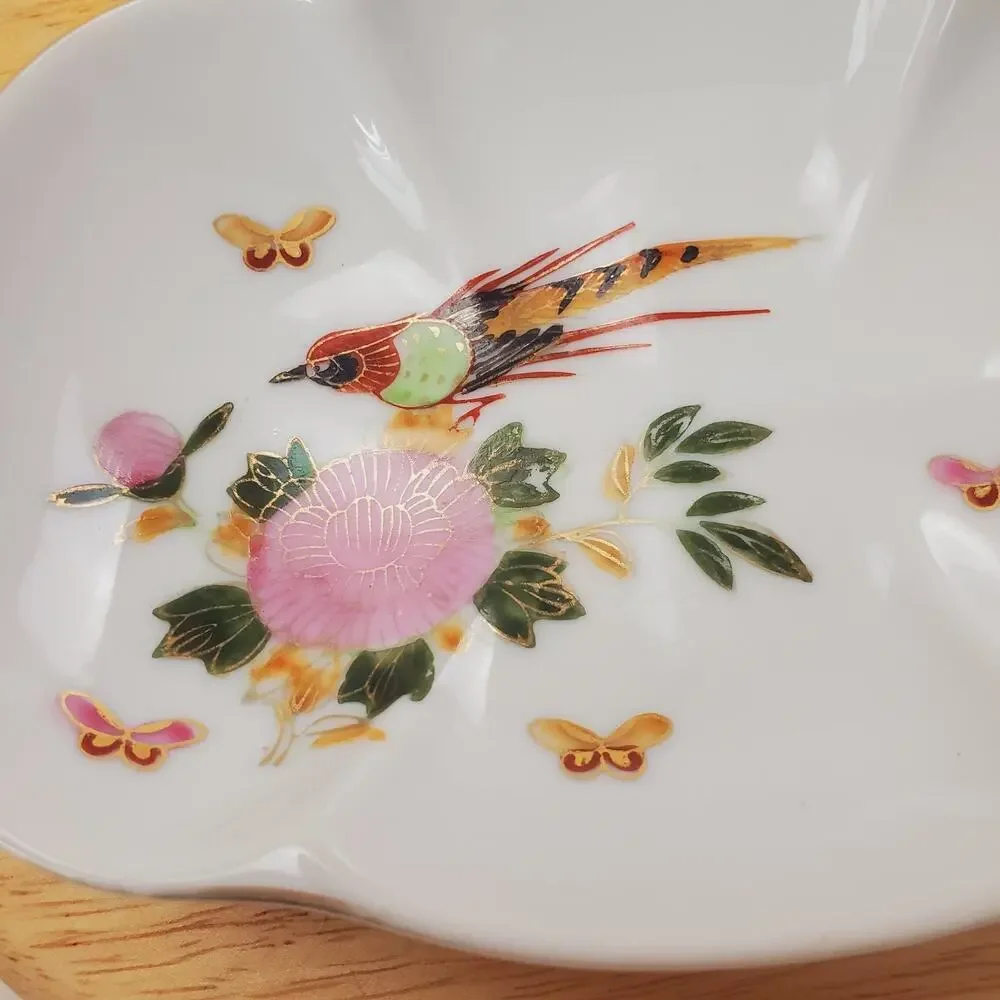 Vintage Trinket Dish Japan Made Bird Flowers Butterflies White & Gold Highlights